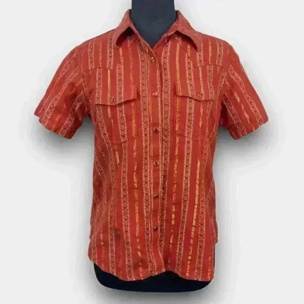 Bit & Bridle Women's Western Shirt M Metallic Stripe Short Sleeve Snap Pockets